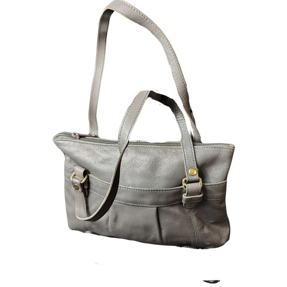 Leather Vintage Gray Pleated Shoulder Bag Two Handles Zip Top Purse Handbag - Picture 3 of 8